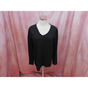 HUE Long Sleeve Black with Metallic Gold Stripes V Neck T-Shirt Top XL